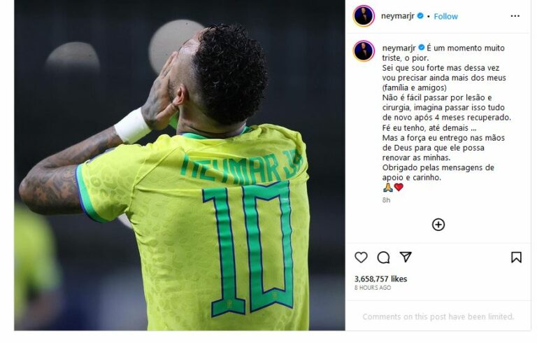 أول ظهور لنيمار بعد إصابته بقطع في الرباط الصليبي والغضروف