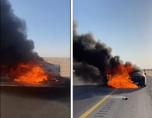فيديو مروع من السعودية لاشتعال سيارة وهي تمشي بسرعة في طريق عام