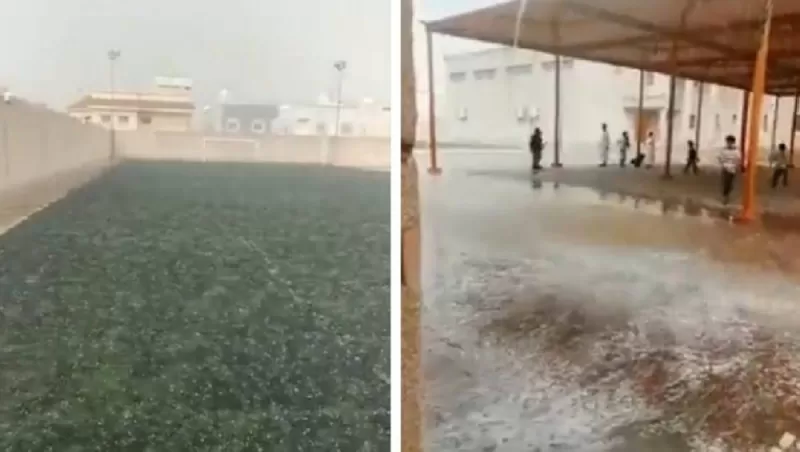 فيديو..  يشعل المملكة لما فعلته الامطار والثلوج في ساحة مدرسة في الرياض
