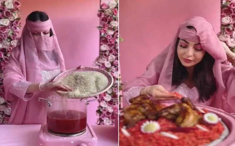 بالفيديو: سعودية تطبخ الكبسة باللون الوردي المثير على طريقة باربي وتشعل المملكة بسبب ما وضعته على اللحم
