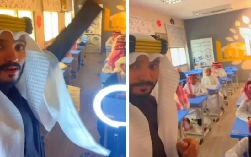 شاهد : مدرس سعودي وطلابه يحتفلون بطريقتهم الخاصة بمناسبة يوم التاسيس تثير اعجاب ناشطي المملكة