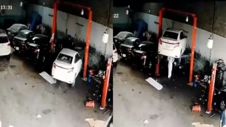 فيديو مرعب من السعودية لسقوط سيارة معلقة في ورشة وهذا ما حصل لفني كان يعمل عليها