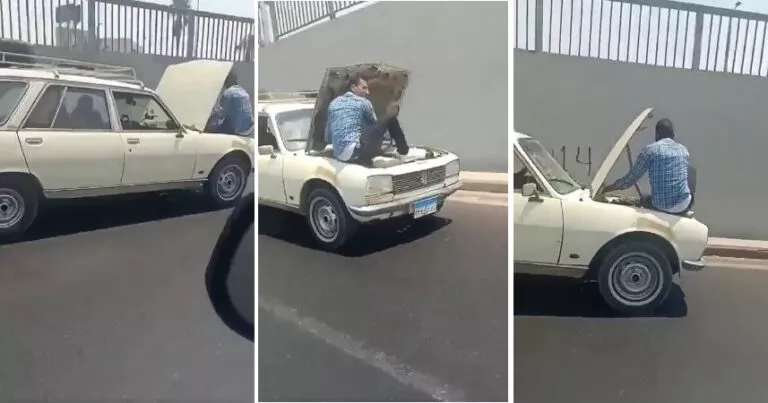 شاهد: مصري يستخدم طريقة غريبة لتبريد موتور سيارته على الطريق السريع