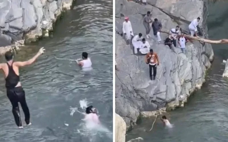 فيديو لشاب سعودي امسك بثعبان ضخم اثناء سباحته داخل بحيرة طبيعية في الباحة