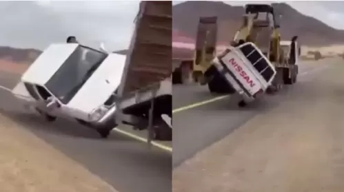 شاهد.. سيارة تسير على كفرين في طريق عام
