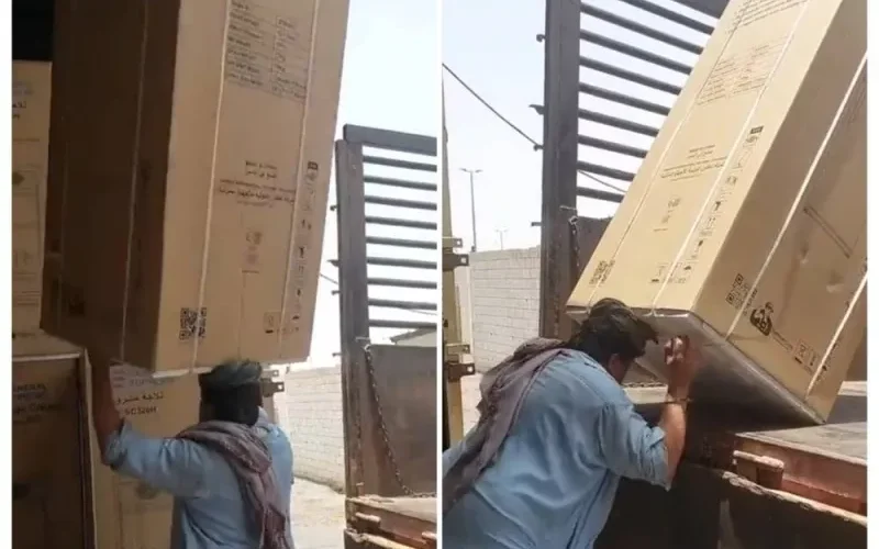 فيديو يشعل السعودية لعامل باكستاني يحمل ثلاجة ضخمة على رأسه