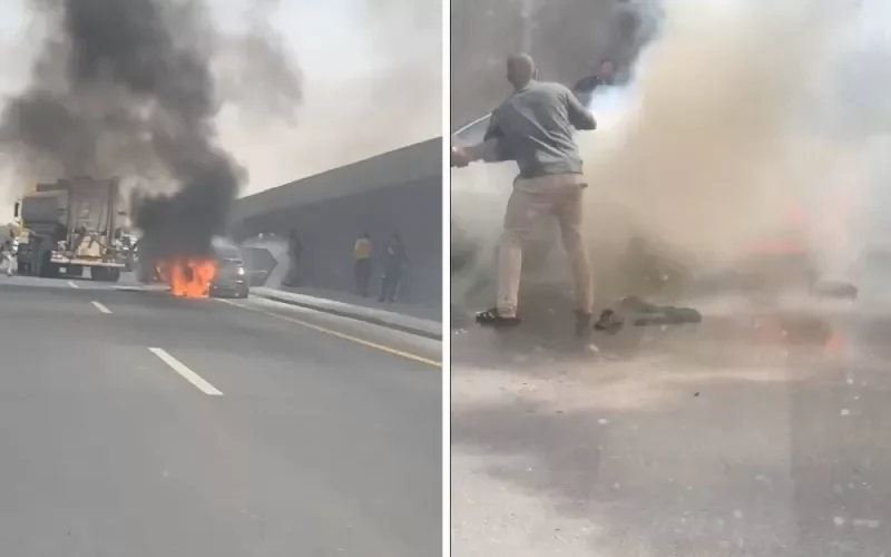 شاهد.. لحظة احتراق مركبة على الطريق الدائرة الغربي بالرياض .. والكـشف عن مصير قائدها