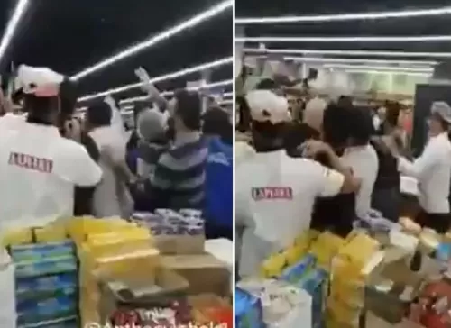 بالفيديو : عراك وحرب حقيقية في سوبر ماركت بلبنان بسبب الطعام