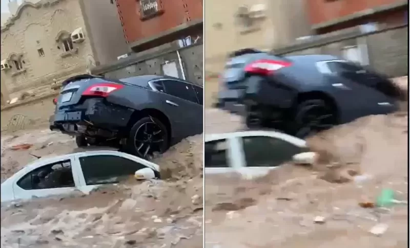 فيديو لسيارة ركبت فوق اخرى بسبب السيول في جدة يـذهل الاهالي
