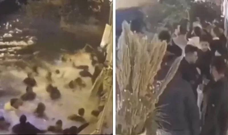 الفيديو الكامل لانهيار شرفة مطعم شهير في تركيا وسقوط جميع الزبائن في بركة الماء