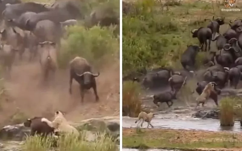 شاهد.. أسد ولبوة يهاجمان جواميس برية.. وبعد الإمساك بجاموس لافتراسه كانت المفاجأة