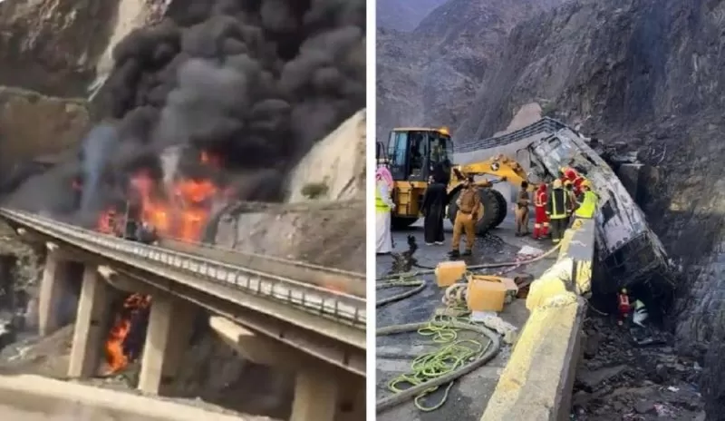 شاهد بالفيديو اللحظة الاولى لحادث السير في السعودية الذي ادى لوفاة 20 معتمر وإصابة 29 .. فيديو يحبس الأنفاس