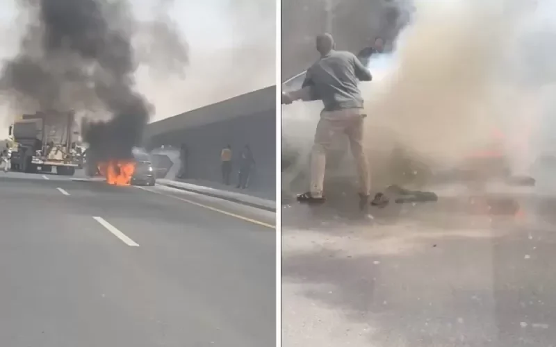 شاهد.. لحظة احتراق مركبة على الطريق الدائرة الغربـي بالرياض .. والكـشف عن مصير قائدها