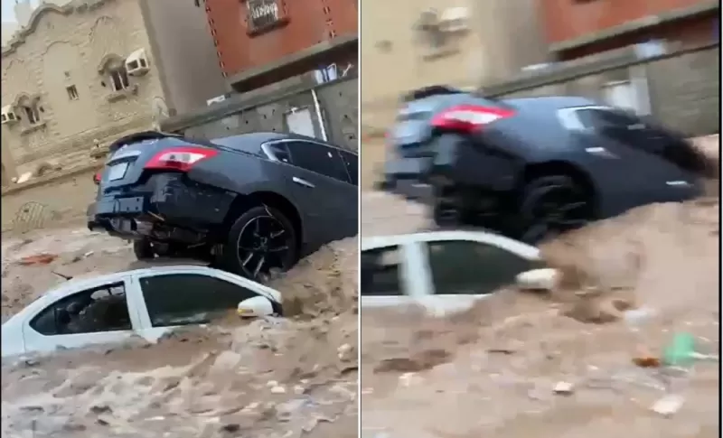فيديو لسيارة ركبت فوق اخرى بسبب السيول في جدة يذهل الاهالي