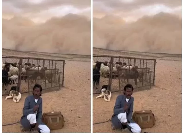شاهد .. لحظة توثيق سعودي قدوم عاصفة ترابية ضخمة خلفه ..هذا ماحصل بعدها