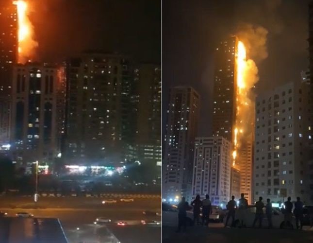 شاهد: حريق هائل يلتهم برجا ضخما في “الشارقة”