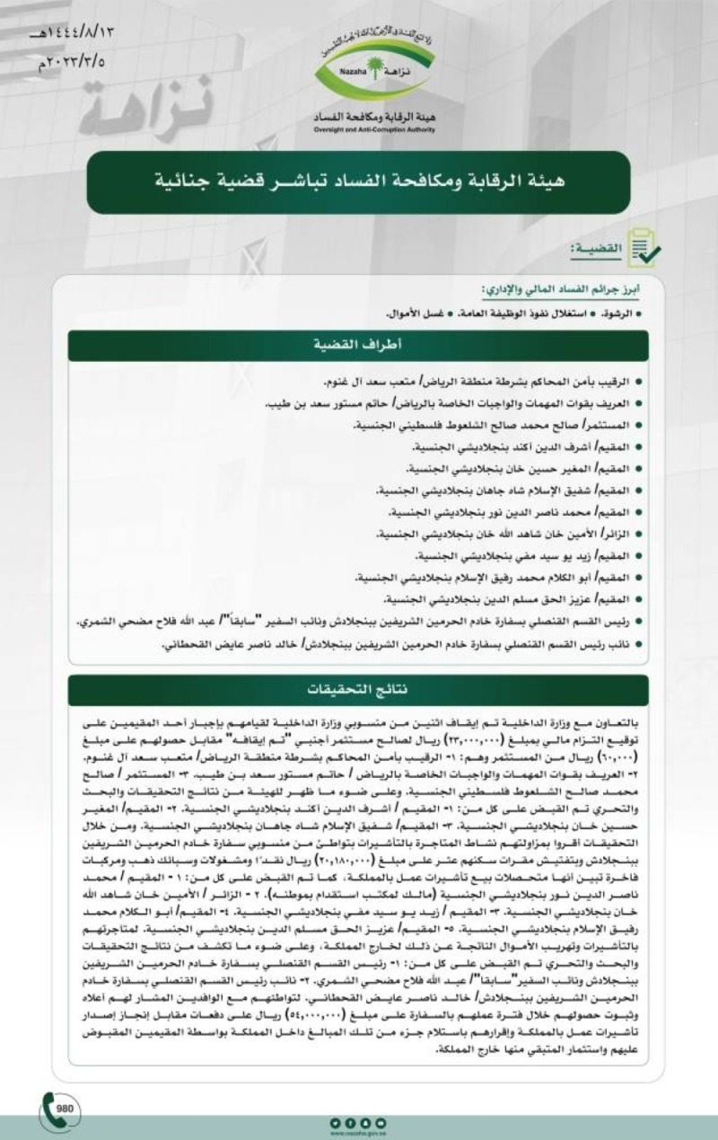 بالأسماء .. نزاهة تشهر بـ 13 متورطاً  بالرشوة واستغلال النفوذ وغسل الأموال