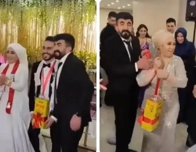 بعد انهيار الليرة.. شاهد تركي يقدم أغرب هدية لصديقه في حفل زواجه