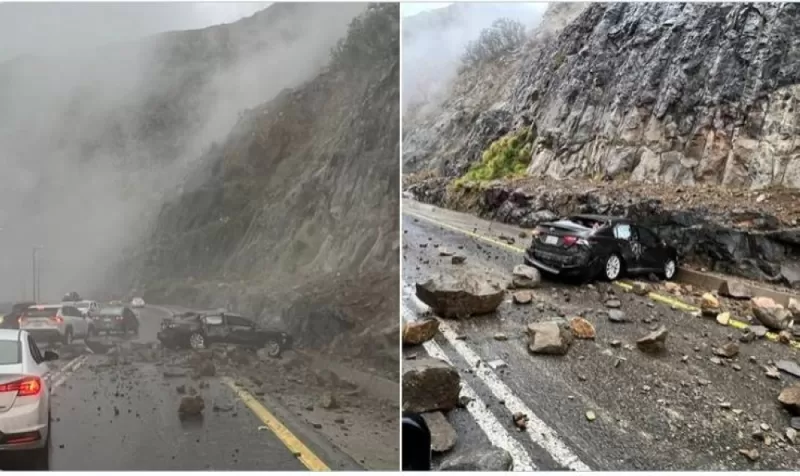 فيديو مرعب لانهيار الصخور على السيارات في طريق سريع بسبب الامطار في السعودية