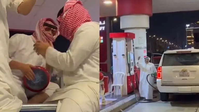 شاهد فيديو طريف لـ شبان يحتفلون بقدوم والدهم عند محطة البنزين بالأنغام والطبل
