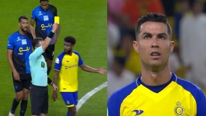 شاهد : لحظة انفعال لاعب النصر السعودي رونالدو على الحكم وتلقيه إنذار في لقاء أبها