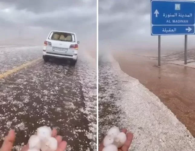 شاهد : امطار غزيرة وبرد في المدينة المنورة وهذا ما خلفته