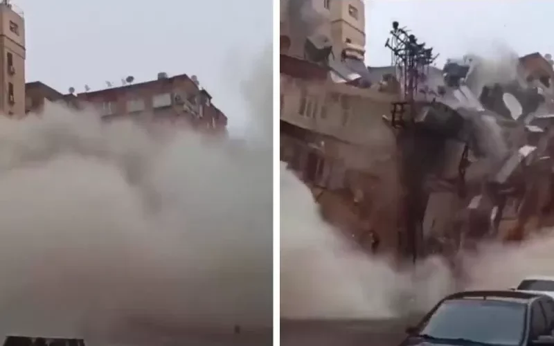 فيديو مرعب للحظة انهيار مبنى ضخم بسـبب الزلزال في تركيا