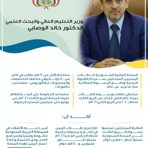 وزير التعليم العالي: أيادي المملكة البيضاء ممدوة دائما لليمنيين والمنحة السعودية ستغطي نفقات أكثر من 7 الف طالب يمني في أكثر من 40 دولة لمدة عام كامل
