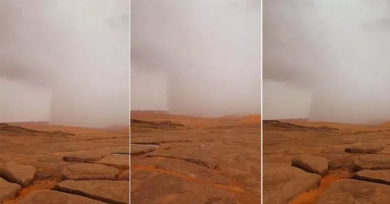 بلفيديو : مشهد مهيب.. لسحابة تمطر بغزارة على مكان واحد في حائل السعودية