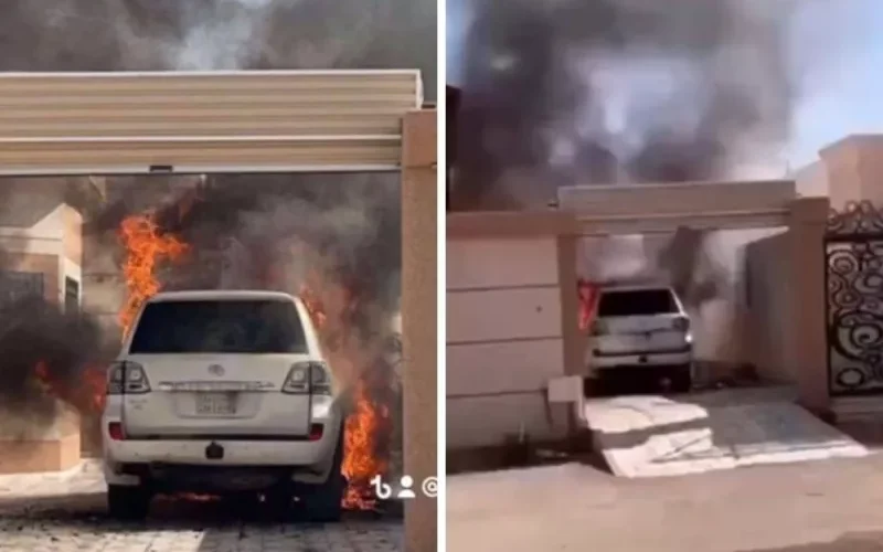 فيديو جديد لما فعلته النيران في جيب لاندكروزر جديد في السعودية