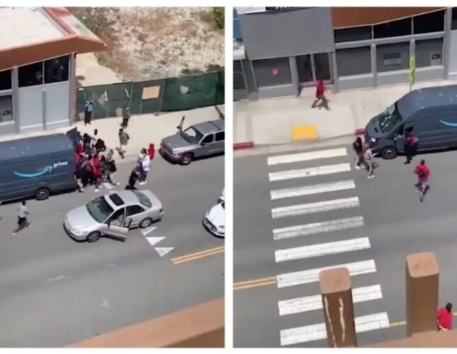 شاهد.. متظاهرون أمريكيون يهاجمون شاحنة أمازون بكاليفورنيا ويسرقون محتوياتها