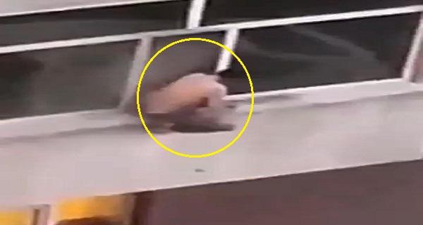 بالفيديو: رجل يتدلى من نافذة شقته بعدما حاصرته النيران.. شاهد ردة فعل جيرانه