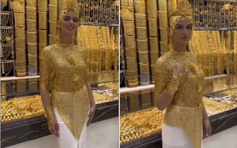 شاهد.. حسناء سعودية ترتدي ملابس جريئة جداً وتاج من الذهب الخالص هذا من قدمه لها