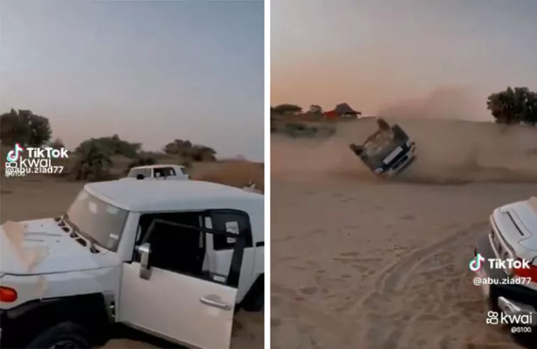 الفيديو الكامل الذي اشعل السعودية لانقلاب جيب رُبع اثناء التفحيط فوق الرمال في المملكة