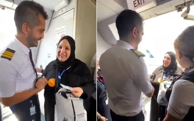 طيار مصري يفاجئ والدته المسافرة لأداء الحج أثناء صعودها الطائرة .. شاهد: ردة فعلها !