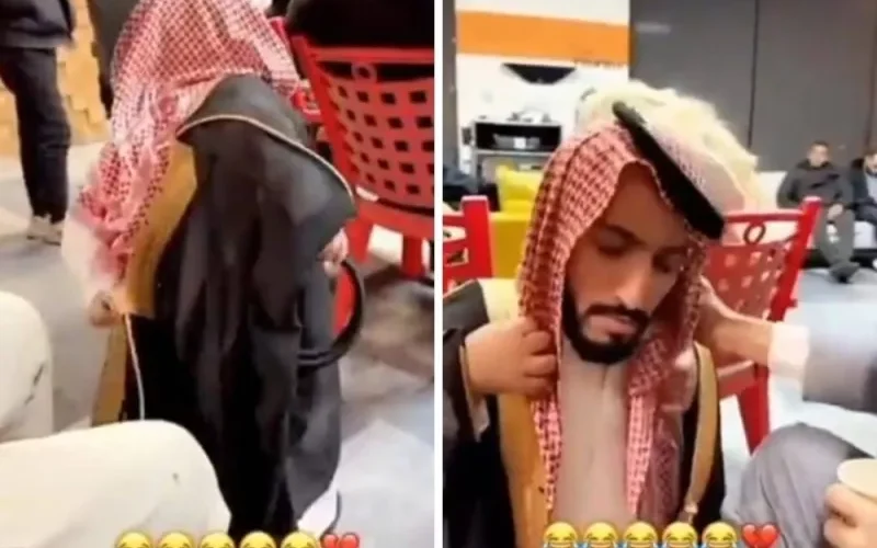شاهد: أصدقاء مشهور سناب “الربع” يسخرون منه بخلع عقاله وبشته ويثيرون غضبه