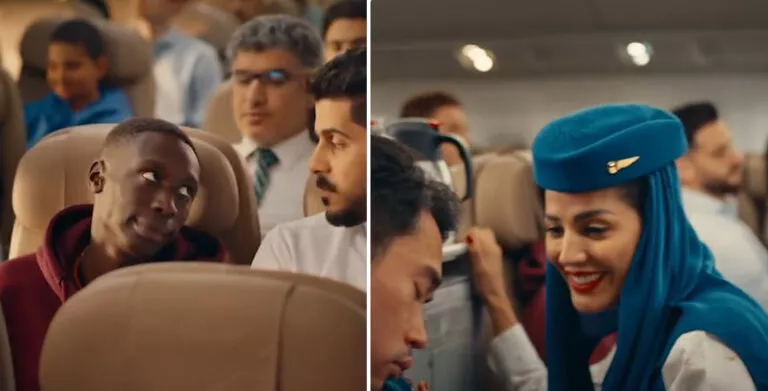 قبل حذفه واستبداله بآخر.. شاهد الخطوط السعودية تشعل ضجة بإعلان مع المشهور السنغالي خابي لام