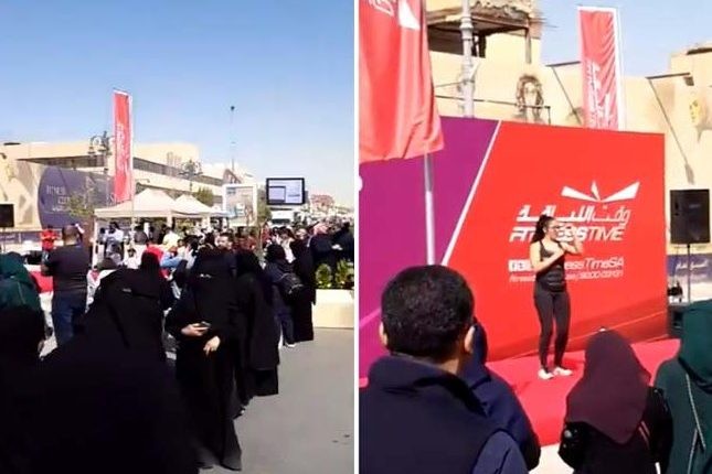 شاهد: مدربة تجري تمارين رياضية كدعاية لوقت اللياقة في مكان عام بالرياض