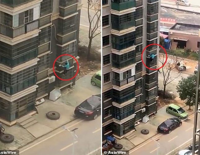 شاهد .. صينية مُسنة تنزل 8 طوابق على واجهة مبنى شاهق.. والسبب كورونا