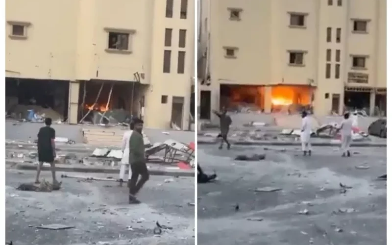 تطايرت محتويات المطعم إلى الخارج .. شاهد: انفجار خزان غاز داخل محل أسفل عمارة سكنية بالأحساء